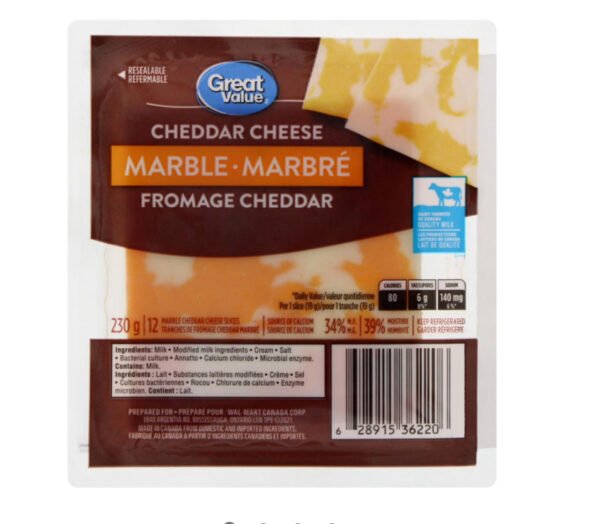 Great Value Marble Cheddar Cheese Slices, 230 g, 12 Slices