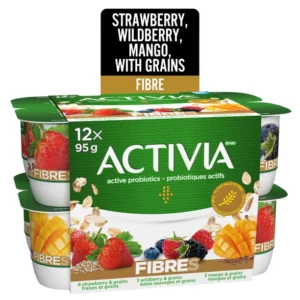 Activia Probiotic Yogurt, Fibre, Strawberry, Wildberry, Mango, 12 x 95 g