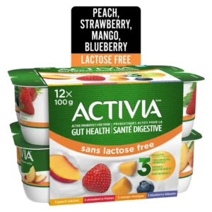 Activia Probiotic Yogurt, Lactose Free, Strawberry/Blueberry/Peach/Mango, 12 x 100 g