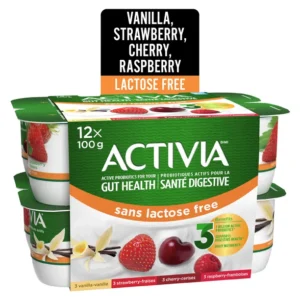 Activia Probiotic Yogurt, Lactose Free, Vanilla/Raspberry/Cherry/Strawberry, 12 x 100 g