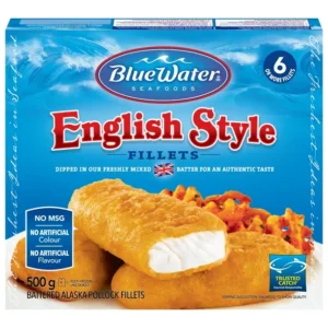 BlueWater Seafoods English Style Fish, Wild Caught Pollock, Frozen, 6 Count, 500 g Package, English style wild-caught pollock fillets