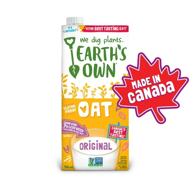 Earth's Own Oat Beverage, Original 946ml, Earth's Own Oat Original, Plant-Based Beverage, Dairy-Free 946ml, Made in Canada from 100% Canadian Oats
