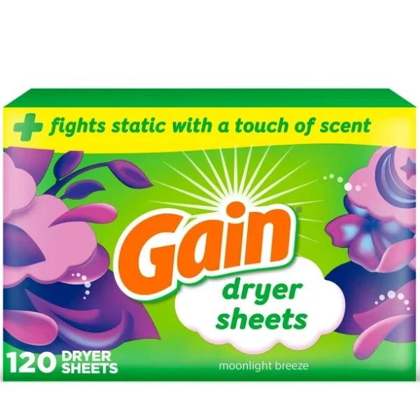 Gain dryer sheets, Moonlight Breeze Scent Laundry Fabric Softener Sheets with 2-in-1 Aromaboost Plus Softness, 120 Sheets