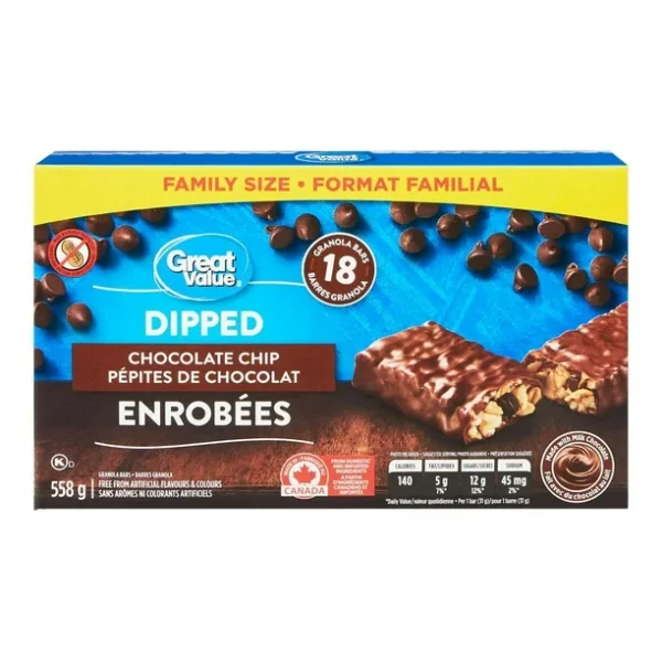 Great Value Chocolate Dipped Granola Bars, Family Size, 18 Granola Bars, 558 g