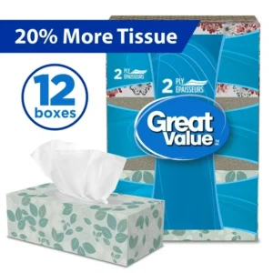 Great Value, Facial Tissues, 12 flat boxes, 126 tissues per box, 2Ply, 1,512 Tissues in total