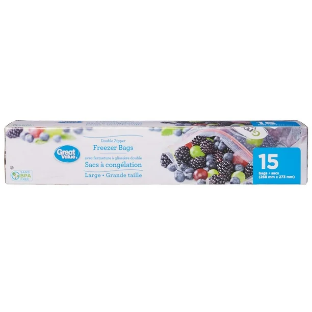 Great Value Large Double Zipper Freezer Bags, 15 Bags