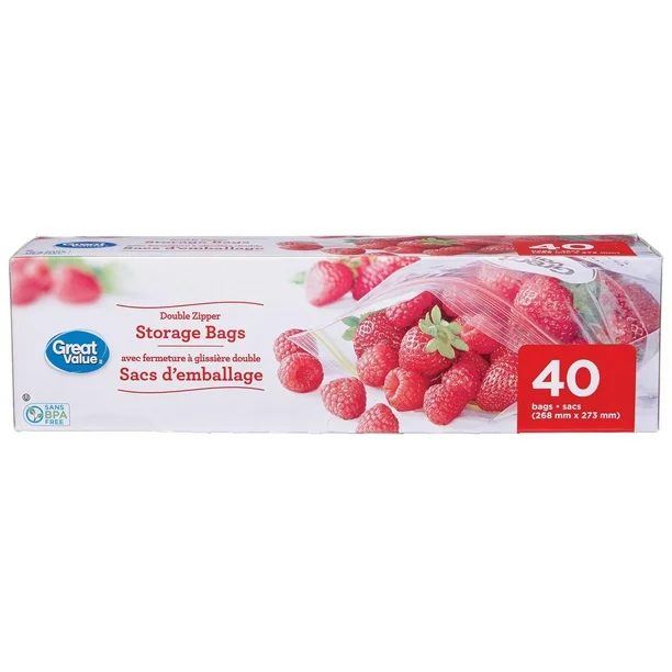 Great Value Large Double Zipper Storage Bags, 40 Bags