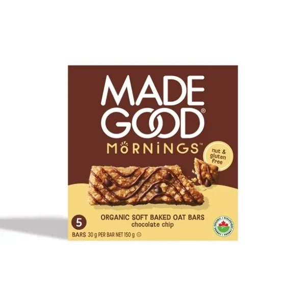 MadeGood Mornings Chocolate Chip Soft Baked Oat Bars 5pk, 5 x 30 g