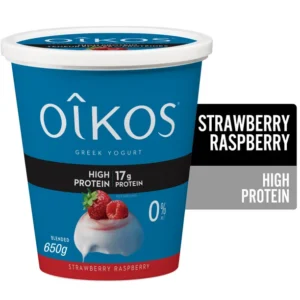 Oikos Greek Yogurt, Strawberry-Raspberry, High Protein, Blended, 0% M.F., 650 g