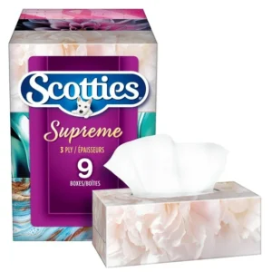 Scotties Supreme 3 Ply Soft & Strong Facial Tissue, Hypoallergenic and Dermatologist Tested, 9 Boxes, 81 Tissues per Box