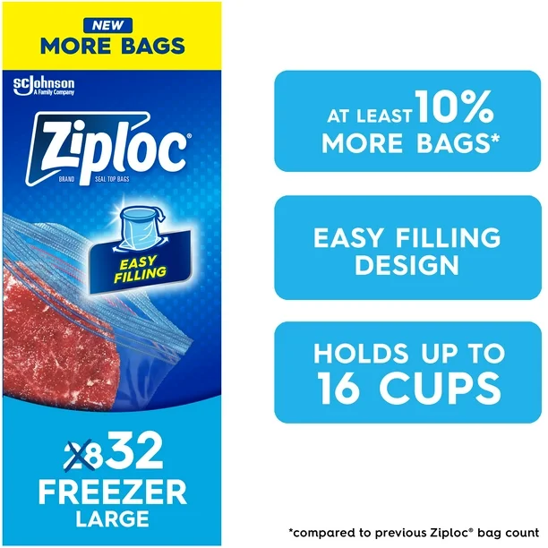 Ziploc® Freezer Bags with Stay Open Technology, Large, 28 Bags